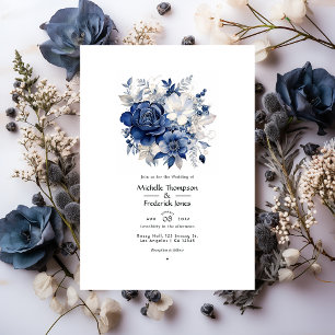 Marineblauwe en zilveren bloemhuwelijk kaart