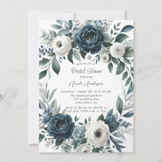 Marineblauwe en zilveren ivoorkleurige bruidsdouch kaart (Voorkant)