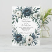 Marineblauwe en zilveren ivoorkleurige bruidsdouch kaart (Staand voorkant)