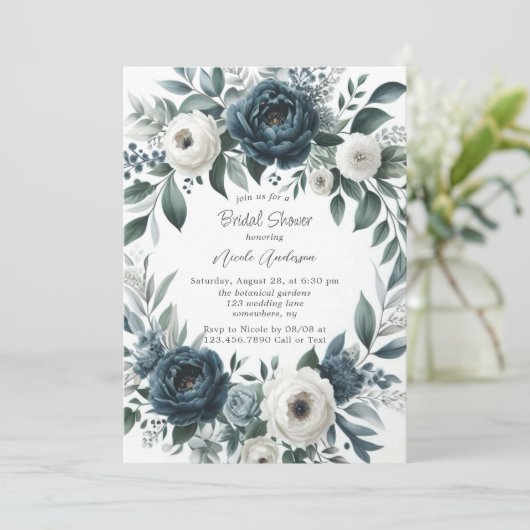 Marineblauwe en zilveren ivoorkleurige bruidsdouch kaart (Staand voorkant)