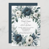 Marineblauwe en zilveren ivoorkleurige bruidsdouch kaart (Voorkant / Achterkant)