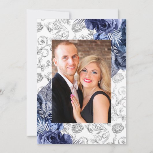 Marineblauwe en zilveren nepfolie bruiloftsfoto save the date (Achterkant)