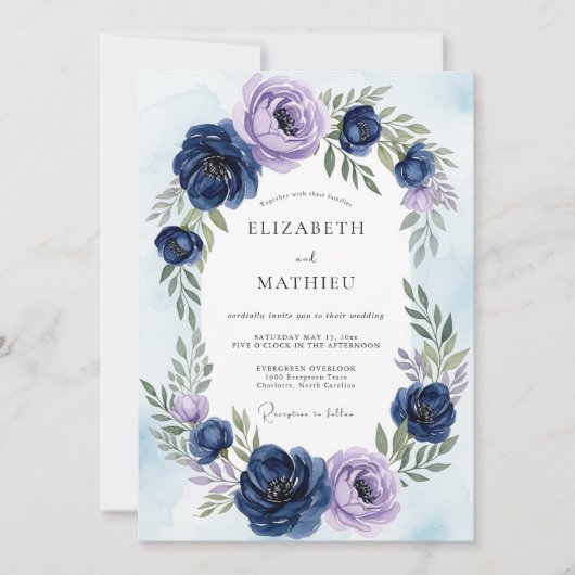 Marineblauwe Ethische Botanische Bruiloft Kaart (Voorkant)