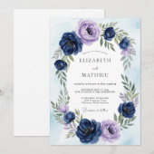 Marineblauwe Ethische Botanische Bruiloft Kaart (Voorkant / Achterkant)