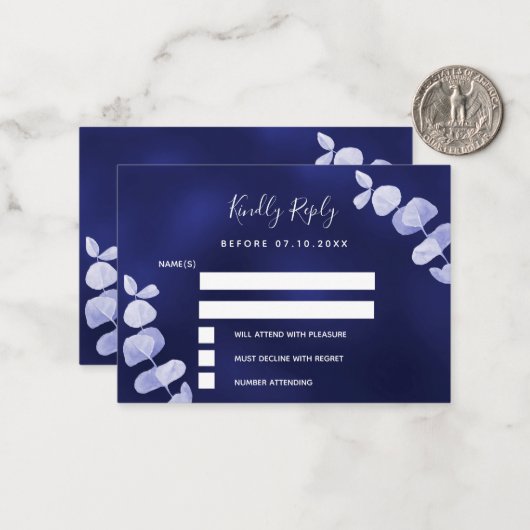 Marineblauwe eucalyptus trouwreactie RSVP Notitiekaartje (Voorkant / Achterkant in situ)