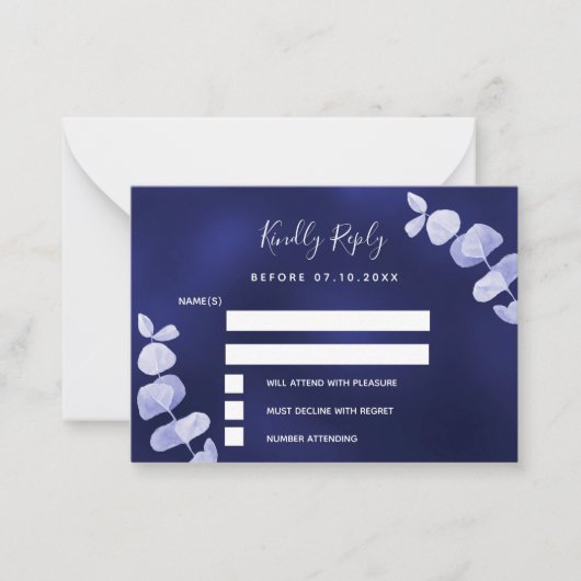 Marineblauwe eucalyptus trouwreactie RSVP Notitiekaartje (Voorkant)