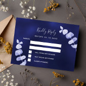 Marineblauwe eucalyptus trouwreactie RSVP Notitiekaartje