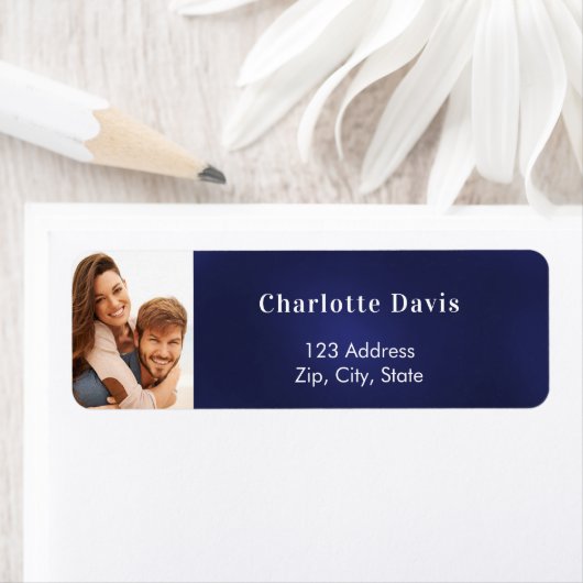 Marineblauwe foto huwelijks retouradres  etiket (Insitu)