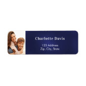 Marineblauwe foto huwelijksretouradres  etiket (Voorkant)