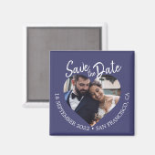 Marineblauwe foto moderne script save the date magneet (Voorkant / Achterkant)
