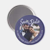 Marineblauwe foto moderne script save the date magneet (Voorkant / Achterkant)