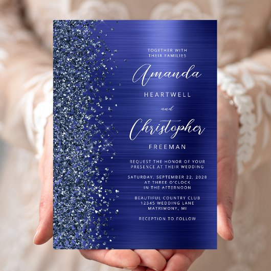 Marineblauwe Geborstelde Metaal Glitter Bruiloftsc Kaart