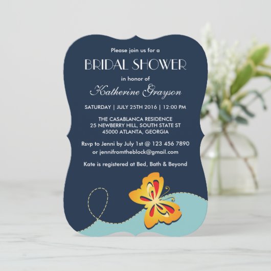 Marineblauwe Gele Vlinder Uitnodiging voor Douche (Staand voorkant)