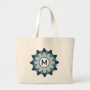 Marineblauwe geometrische bloemmedaillon abstract grote tote bag