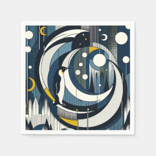 Marineblauwe geometrische nacht met maan en pinguï servet