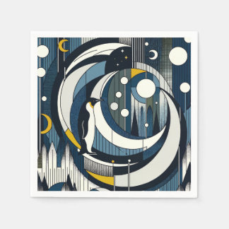 Marineblauwe geometrische nacht met maan en pinguï servet