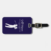 Marineblauwe gepersonaliseerde golfer naam bagagelabel (Voorkant horizontaal)