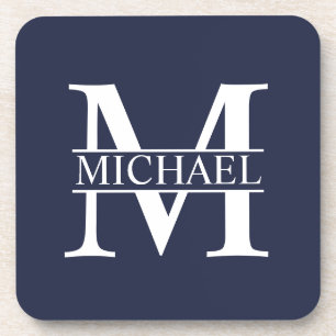Marineblauwe gepersonaliseerde monogram en naam bier onderzetter