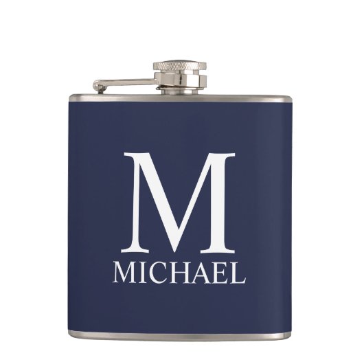 Marineblauwe gepersonaliseerde monogram en naam heupfles (Voorkant)