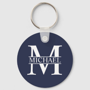 Marineblauwe gepersonaliseerde monogram en naam sleutelhanger