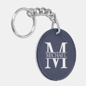 Marineblauwe gepersonaliseerde monogram en naam sleutelhanger (Voorkant Links)
