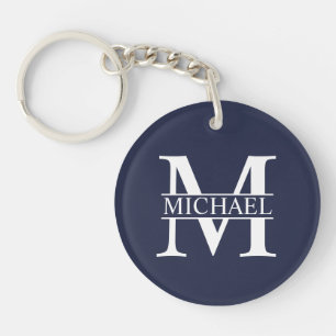 Marineblauwe gepersonaliseerde monogram en naam sleutelhanger