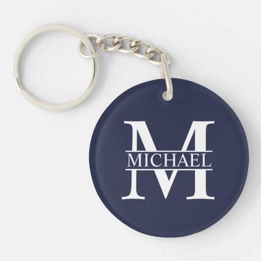 Marineblauwe gepersonaliseerde monogram en naam sleutelhanger (Voorkant)