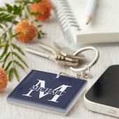 Marineblauwe gepersonaliseerde monogram en naam sleutelhanger (Voorkant Rechts)