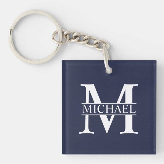Marineblauwe gepersonaliseerde monogram en naam sleutelhanger (voorkant)