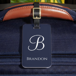 Marineblauwe gepersonaliseerde naam en monogram bagagelabel