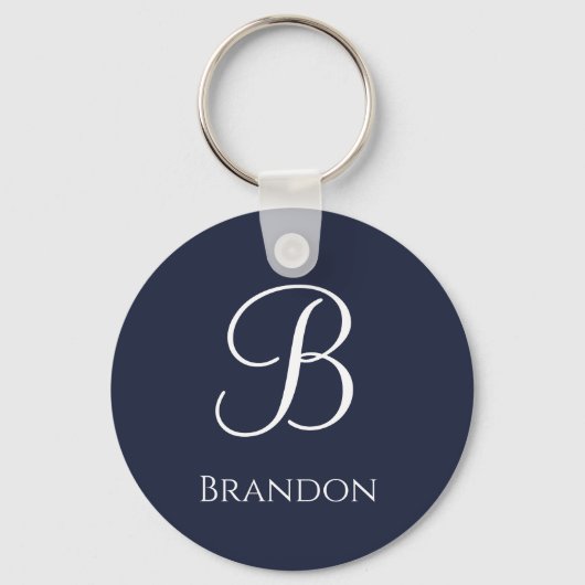Marineblauwe gepersonaliseerde naam en monogram sleutelhanger (Voorkant)