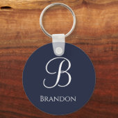 Marineblauwe gepersonaliseerde naam en monogram sleutelhanger (Achterkant)