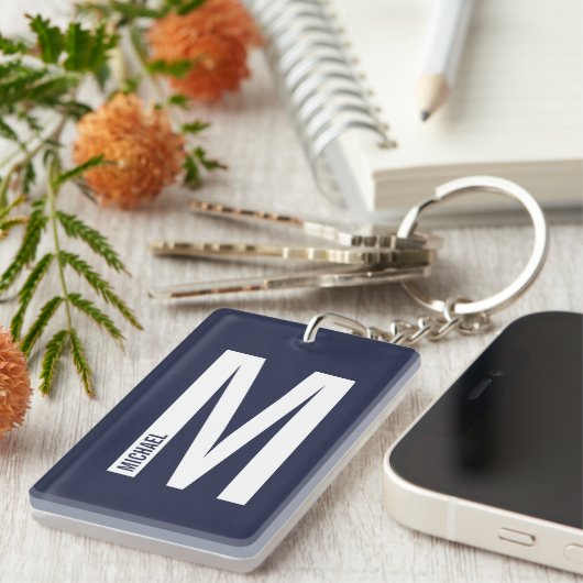 Marineblauwe gepersonaliseerde vette monogram en n sleutelhanger (Voorkant Rechts)