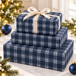 Marineblauwe geruite tartan kerst cadeaupapier
