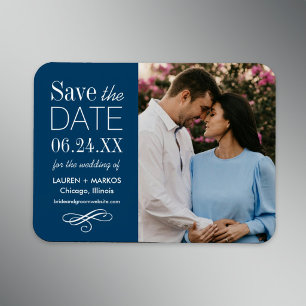 Marineblauwe gesplitste paneel foto save the date magneet