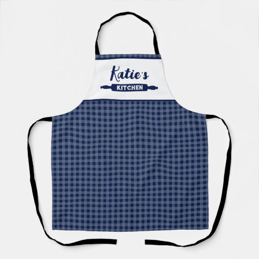 Marineblauwe Gingham Op Maat Schort (Voorkant)