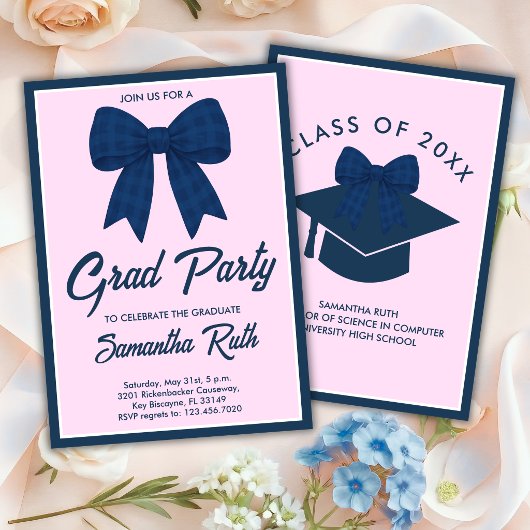 Marineblauwe Gingham Strik Afstudeerfeest Kaart