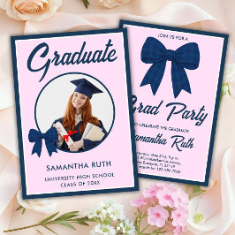 Marineblauwe Gingham Strik Foto Afstudeerfeest Kaart