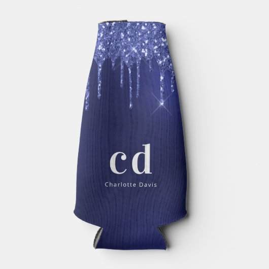 Marineblauwe glitters glinsterende witte nautische flesjeskoeler (Voorkant)