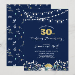Marineblauwe & Gouden 50e Huwelijksjubileum Uitnod Kaart