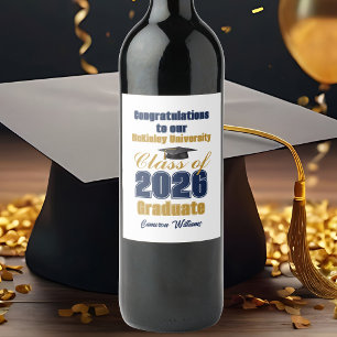 Marineblauwe Gouden Afstudeerfeest Klas van 2026 Wijn Etiket