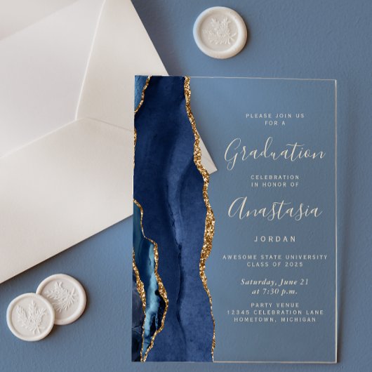 Marineblauwe Gouden Agaat Gouden Tekst Afstuderen Acryl Uitnodigingen