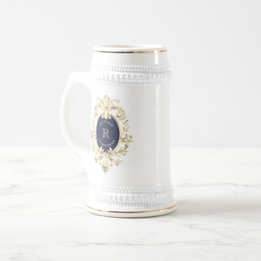 Marineblauwe Gouden Barok Bruidsjonker Bierpul (Voorkant links)