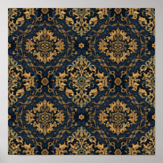 Marineblauwe Gouden Barok Damast Patroon Poster