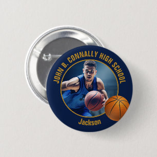 Marineblauwe Gouden Basketbalspeler Foto Hoge Scho Ronde Button 5,7 Cm