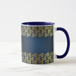marineblauwe, gouden bloemen, elegant patroon, mok