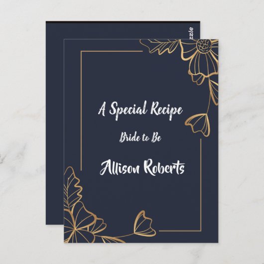 Marineblauwe & gouden bloemige bruidsdouche briefkaart (Voorkant / Achterkant)