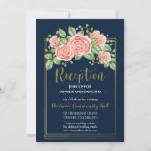 Marineblauwe gouden blozende bloemige ontvangst in kaart (Voorkant)