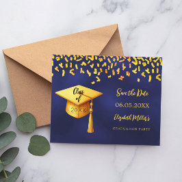 Marineblauwe gouden diploma-feestje save the date flyer