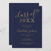 Marineblauwe gouden eindexamenfeest met script kaart (Voorkant / Achterkant)